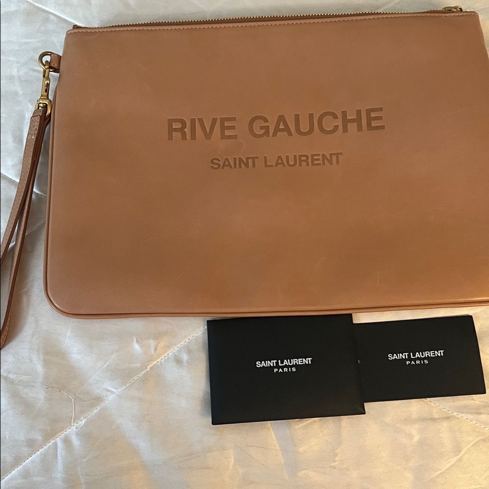 YSL Saint Laurent Rive Gauche Leather Wristlet Pouch - Camel - Picture 2 of 16
